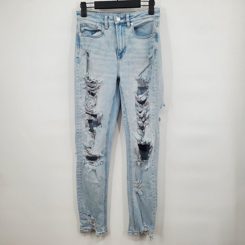 American Eagle Mom Jeans Stretch Destroyed Ripped Boyfriend 90's Look Womens 0